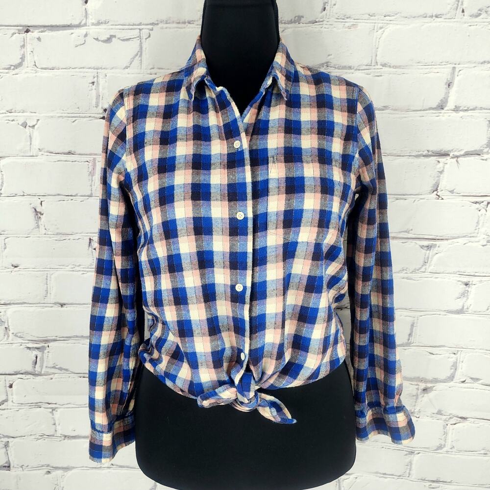 Madewell Shirt Plaid Tie Front 100% Cotton Size: M Color: Blue Shadow Cozycore